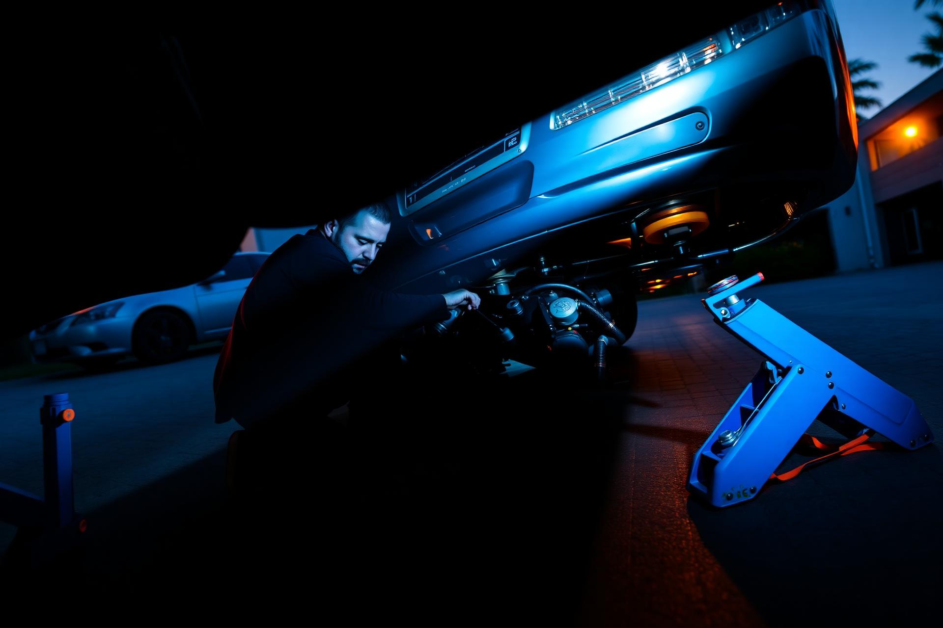 Steven working on a vehicle at sunset